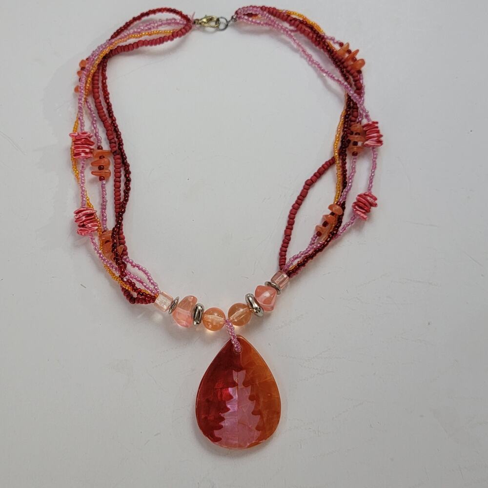 Boho Beaded Necklace with Large Orange Pink Teardrop Pendant and Multi Strands